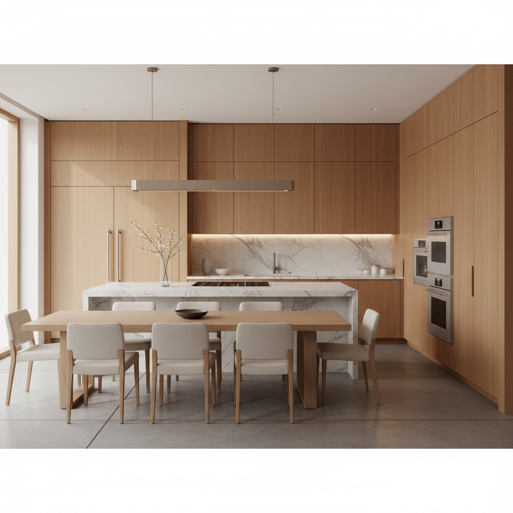 Upscale kitchen with integrated refrigerator and wall oven