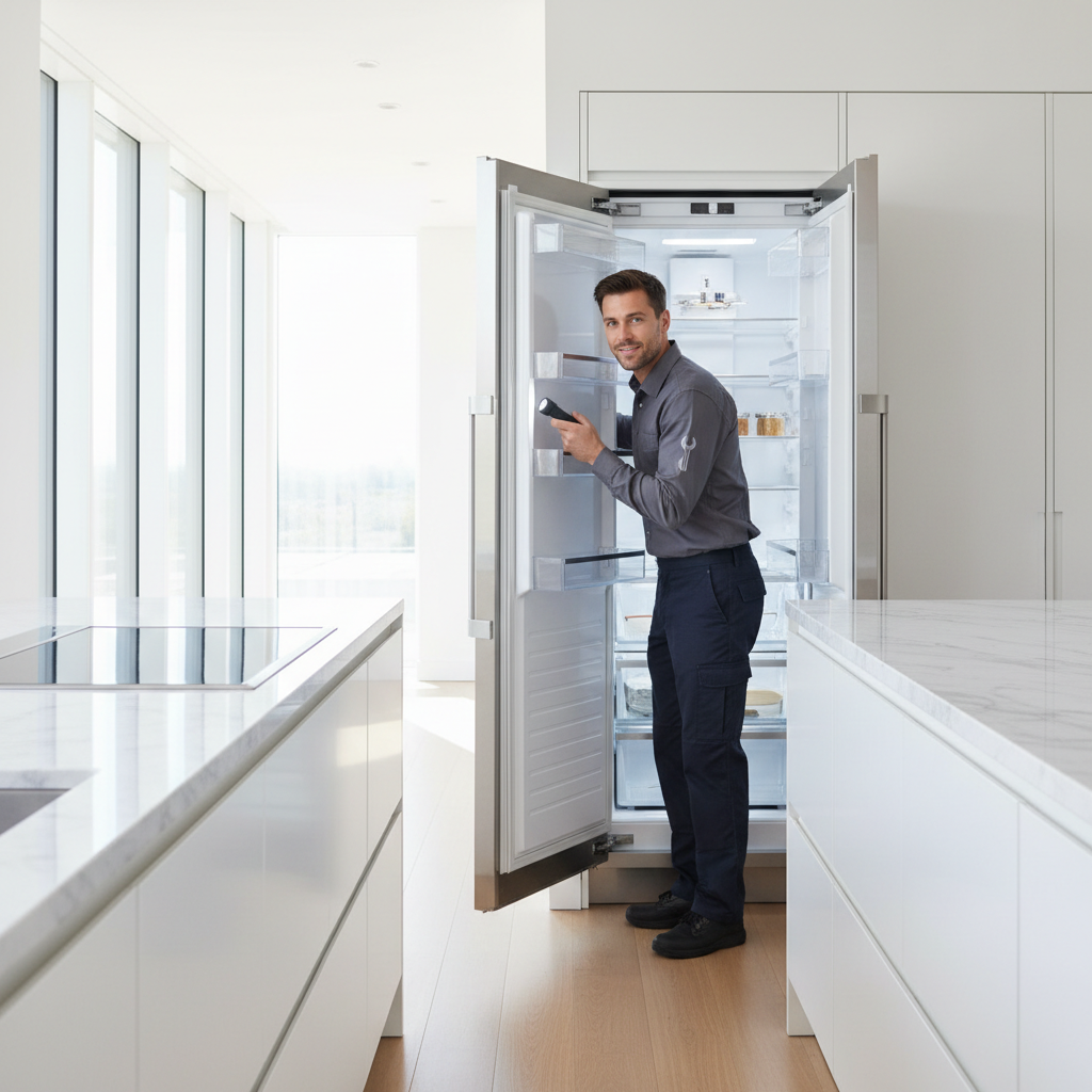 Professional appliance repair technician inspecting a built-in refrigerator